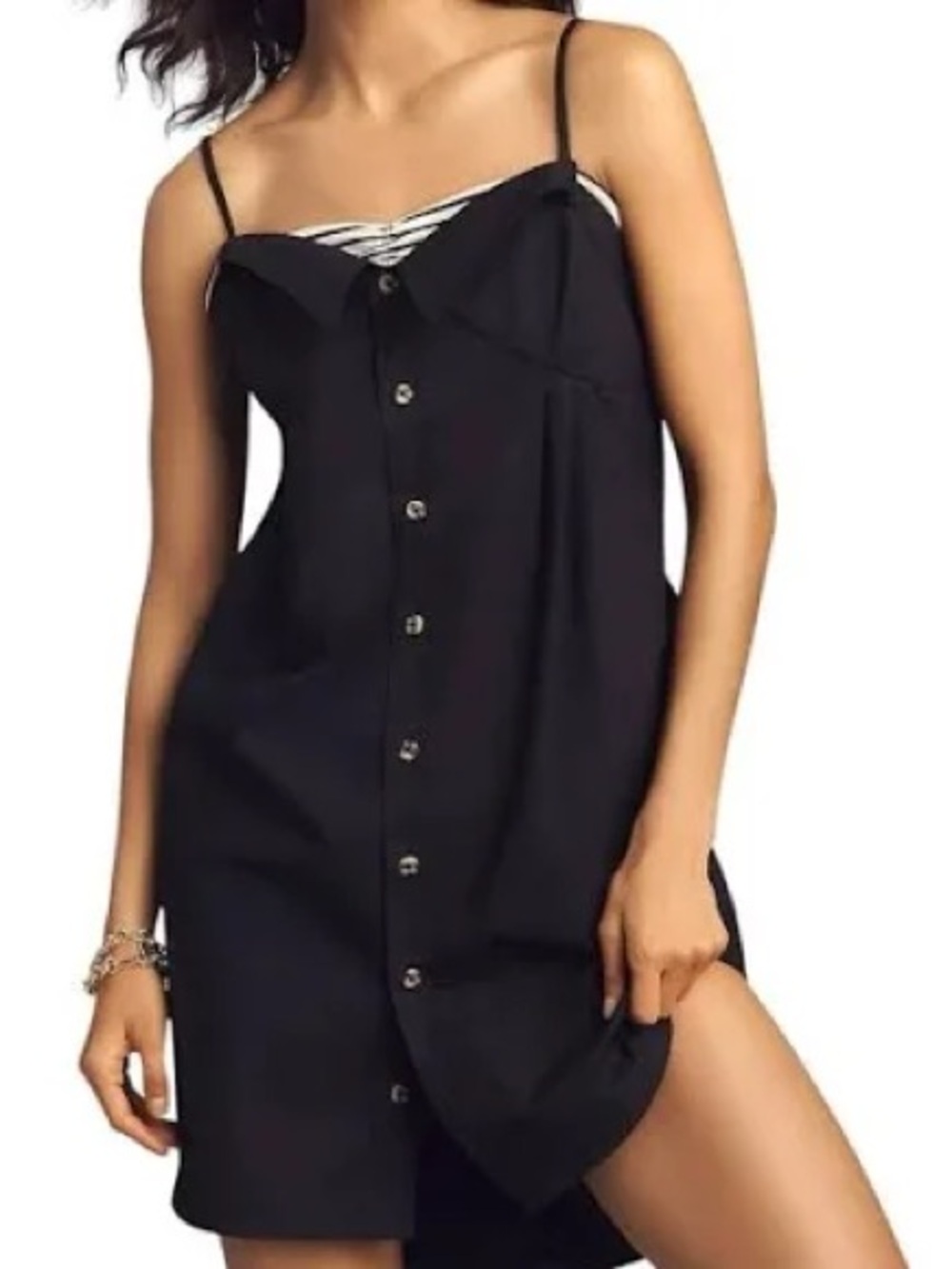 Anthropologie Black Button-Front Mini Dress with Spaghetti Straps